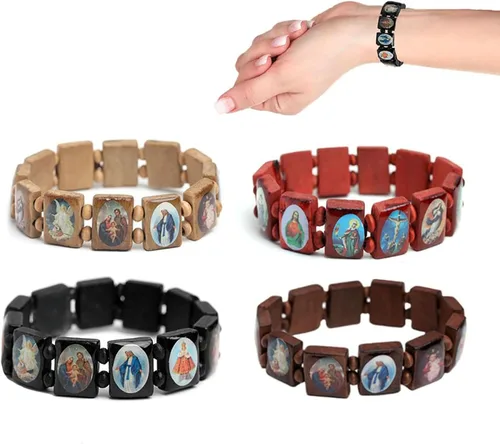 Vista 6 de Fnjuucw - 4 pulseras de madera de Jesús rosario, pulsera elástica de madera pequeña, con imágenes de santos religiosos Jesús, regalo para hombres
