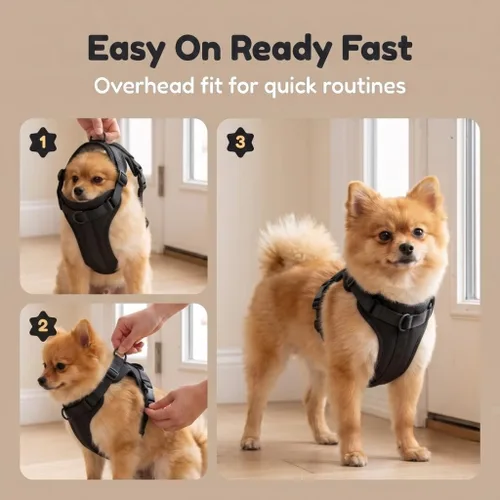 Vista 5 de Arnés para perro, chaleco de clip frontal ajustable sin tirones con acolchado suave, 3 clips para correa y diseño Oxford sin estrangulamiento Negro