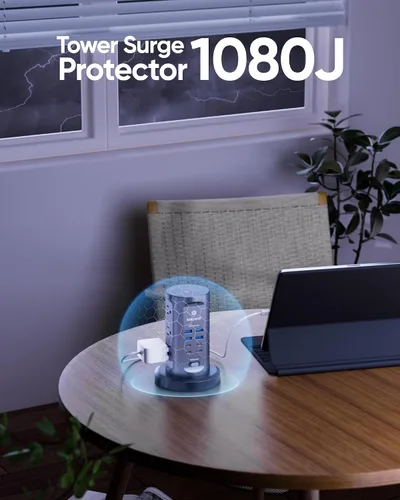 Vista 4 de Torre de Regleta de Alimentación, kakyanill Torre Protectora contra Sobretensiones 9 Tomas de CA 8 USB (4 USB C), Cable de Extensión Retráctil de 6