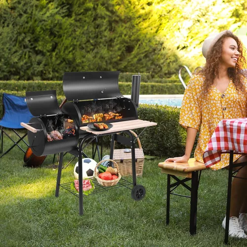 Vista 5 de Outvita Barbacoa de carbón, parrilla de patio al aire libre con ahumador offset, ruedas y bandeja para picnics en el balcón, fiesta y camping