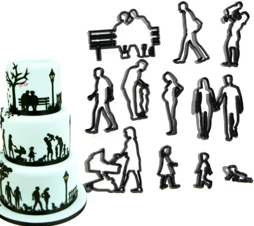 Vista 4 de Airlxf - Cortadores de fondant familiar, juego de 11 cortadores de galletas de boda para aniversario, novia, compromiso, decoración de pasteles
