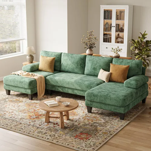 Vista 12 de Sofás seccionales en forma de U para sala de estar, sofá de felpilla con diván doble, sofá seccional gris oscuro de 112 pulgadas para apartamento