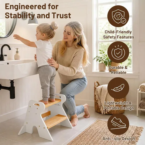 Vista 5 de COSYLAND Wooden Toddler Step Stool for Kids Bathroom Kitchen 2 Tier White & Natural