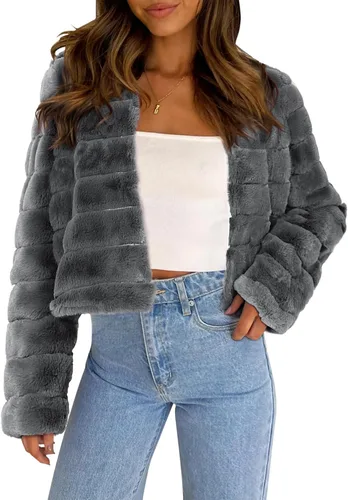 Vista 11 de Allegra K Abrigo chaqueta de piel sintética para mujer de manga larga recortado esponjoso sin cuello casual cálido de invierno ropa exterior