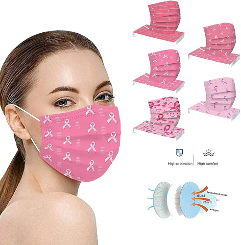 Vista 2 de Paquete de 50 mascarillas desechables para concientización del cáncer de mama, máscaras de cinta rosa para mujeres y adultos, protección facial de 3