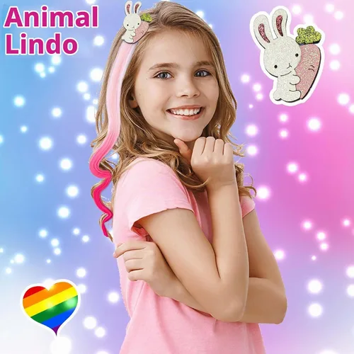 Vista 4 de 8 pinzas para el cabello para niñas, extensiones de cabello de arcoíris liso de animales para niños, accesorios para niñas pequeñas, colas