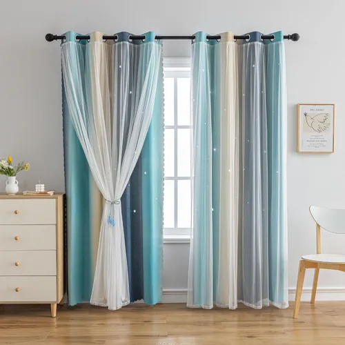 Vista 7 de Cortinas opacas con recortes de estrellas para dormitorio de niñas y niños, cortina de doble capa con aislamiento térmico y superposición
