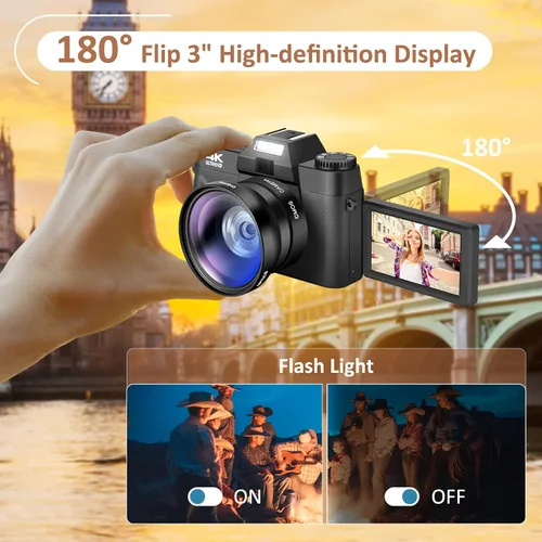 Vista 5 de Cámara digital 4K, cámara de vlogging con WiFi para YouTube, enfoque automático 16X Zoom 48MP Cámaras Fotografía Tarjeta SD de 64 GB, Gran Angular