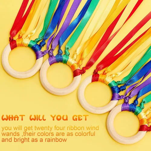 Vista 7 de Junkin Anillos de cinta de mano, juguetes Waldorf, cintas de muñeca bailarín, serpentinas de arco iris con anillo de madera, juguete educativo