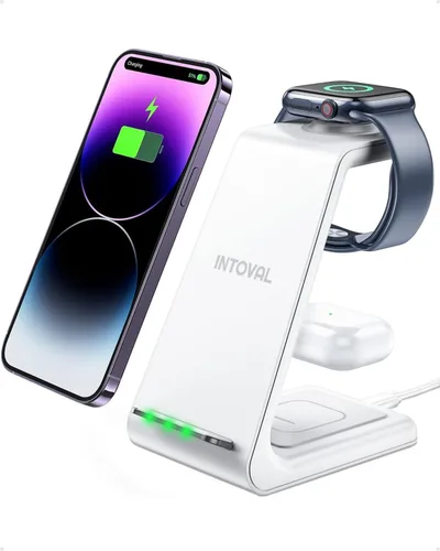 Vista 10 de Intoval Estación de carga inalámbrica 3 en 1 para iPhone y Apple Watch, soporte de cargador inalámbrico rápido, base de carga de escritorio compacta