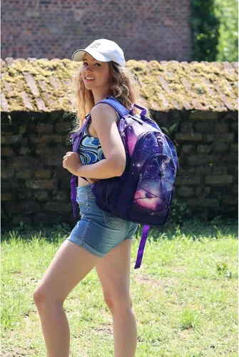 Vista 4 de Choco Mocha Mochila escolar para niñas de 18 pulgadas, Galaxia morada, Classic