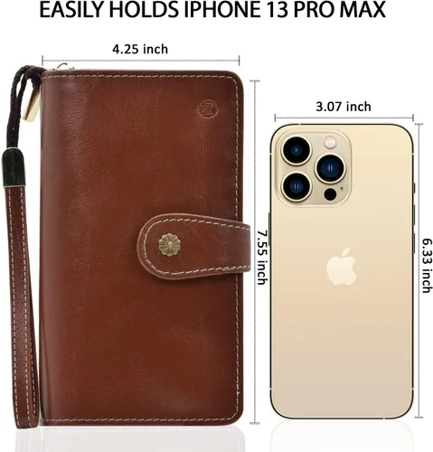 Vista 3 de Cartera de pulsera para mujer, gran capacidad con correa para la muñeca, piel auténtica, embrague triple RFID, bolso de mano marrón, Marrón