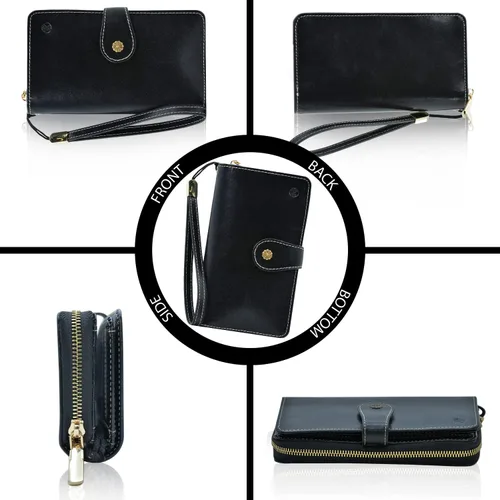 Vista 5 de Cartera de pulsera para mujer, gran capacidad con correa para la muñeca, piel auténtica, embrague triple RFID, bolso de pulsera negro, Negro