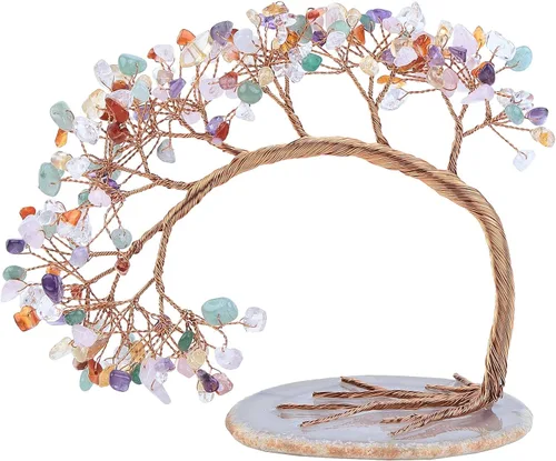 Vista 12 de SUNYIK Árbol de dinero de aguamarina curativa, árbol bonsái de cristal Fengnshui hecho a mano con base de ágata para suerte de riqueza, decoración