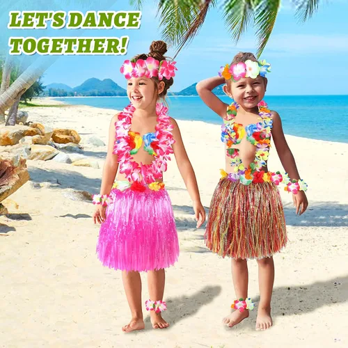 Vista 21 de Conjunto de disfraz de falda de hierba hawaiana de 11.8 in para niñas