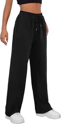 Vista 3 de Vrtige Pantalones de pierna ancha recta con cordón elástico y cintura alta para mujer con bolsillos