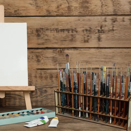 Vista 3 de Organizador de pinceles de madera para pintura, soporte de almacenamiento de 67 agujeros, soporte para pinceles de arte para niños