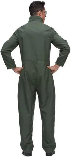 Vista 5 de Megartico Disfraz de piloto de vuelo para adultos, overol de traje verde militar, bolsillos de parche bordados, tela de una pieza
