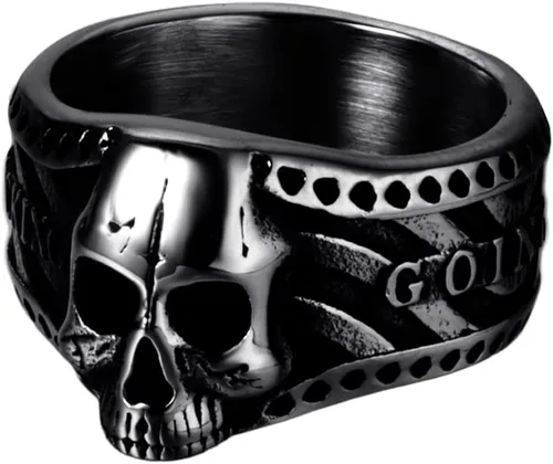 Vista 4 de ELFASIO Anillo vintage de acero inoxidable con calavera gótica para hombres y niños, banda de esqueleto plateado, cóctel, fiesta, ciclismo