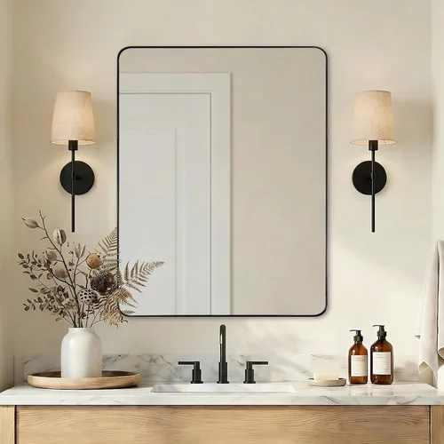 Vista 13 de ANDY STAR Espejo de pared cuadrado para baño, espejo de baño negro mate de 24 x 24 pulgadas, espejo de metal de esquina redondeada en marco de acero