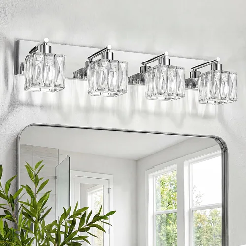 Vista 13 de VOLISUN Luces de Tocador de Cristal - 2 Luces Modernas de Acero Inoxidable para Baño Sobre Espejo, Acabado Cromado - Certificado UL