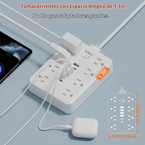 Vista 2 de Regleta de protección contra sobretensiones, 8AC+6USB 17W, enchufe plano