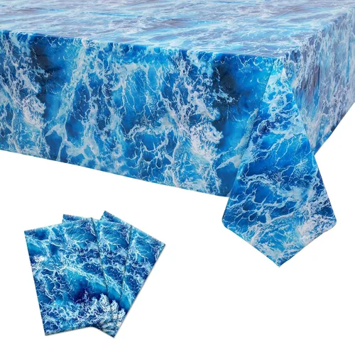 Vista 8 de Mantel de plástico con estampado de olas del océano azul bajo el mar, para playa, piscina, fiesta de cumpleaños, suministros de decoración