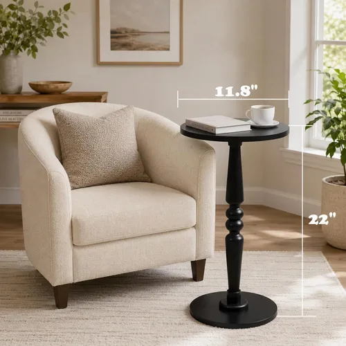 Vista 3 de Mesa auxiliar redonda para espacios pequeños, mesita de noche pequeña con parte superior de madera maciza y pata de pedestal, mesa moderna