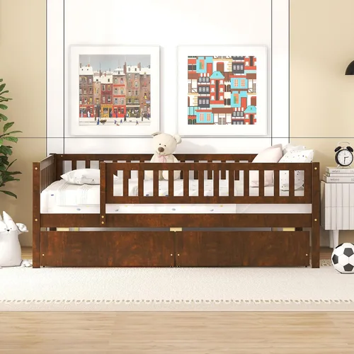 Vista 10 de Sofá cama de madera de tamaño individual, sofá cama de madera de mediados de siglo con dos cajones y listones de madera maciza, marco de sofá cama