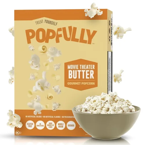 Vista 12 de POPFULLY Palomitas 94% libres de grasa totalmente explotadas, bolsas para compartir, sabor a mantequilla ligera, gran explosión, bolsas