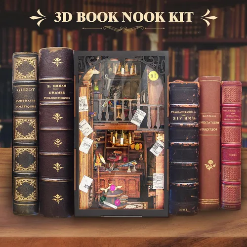 Vista 7 de Kit de Rincón de Libros para Hacer Uno Mismo, Rompecabezas de Madera 3D en Miniatura Sujetalibros Decoración de Estantería con Luz LED, Cubierta