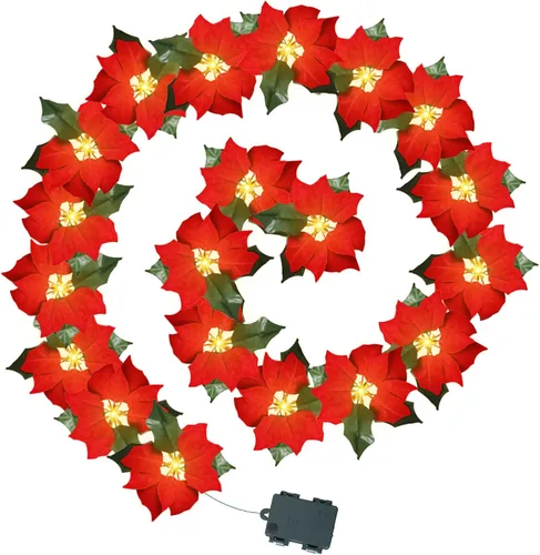 Vista 8 de FUCHSUN - Guirnalda de flores de Pascua de Navidad de 14 pies, 20 luces LED artificiales rojas con luces LED para árbol de Navidad, chimenea