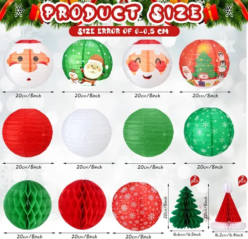 Vista 2 de Juego de 17 linternas de papel colgantes de Navidad 3D para Papá Noel, linterna de papel, sombrero de Papá Noel, árboles de Navidad, bolas de panal