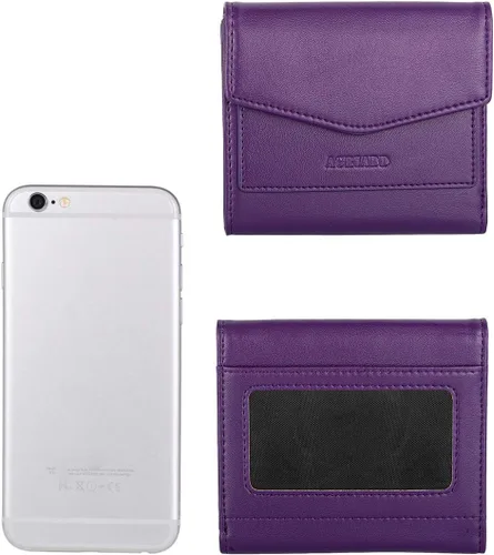 Vista 5 de Cartera pequeña y compacta de cuero para mujer, con bloqueo RFID, tarjetero para tarjetas de crédito para mujer, Púrpura, Cartera RFID