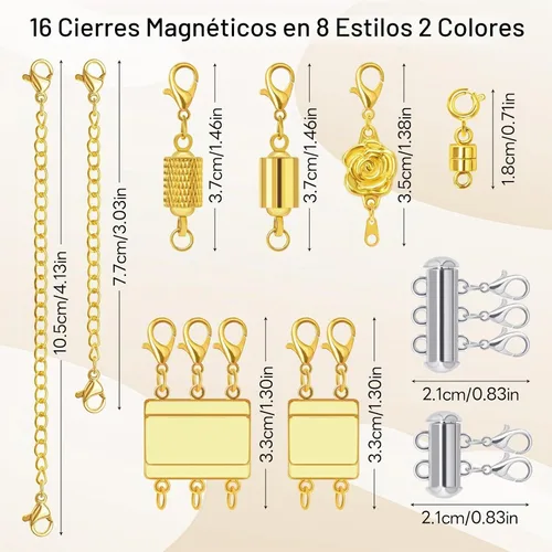 Vista 6 de 16 cierres magnéticos de joyería y collar con cierre de capas, extensores de collar de oro y plata, múltiples tamaños y estilos, extensores de 16