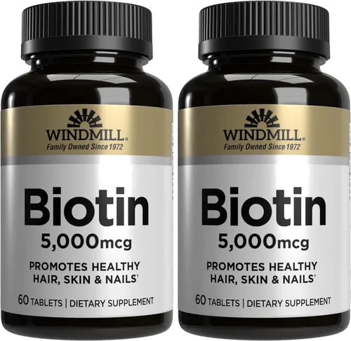 Vista 6 de Windmill Vitaminas naturales biotina de 5000 mcg, apoya la salud del cabello, la piel y las uñas, potenciador del metabolismo, 60 unidades, 60