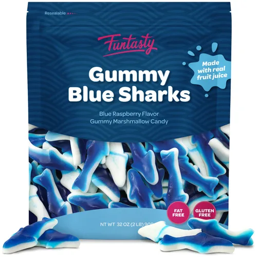 Vista 4 de Blue Sharks - Caramelos de gomitas – Paquete a granel de 2 libras – Sabor a malvavisco de frambuesa azul