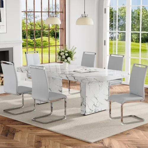Vista 20 de Ebullient - Juego de mesa de comedor de mármol de 79 pulgadas para 6, mesa con patrón de mármol blanco de 3.5 pulgadas con base de MDF estable