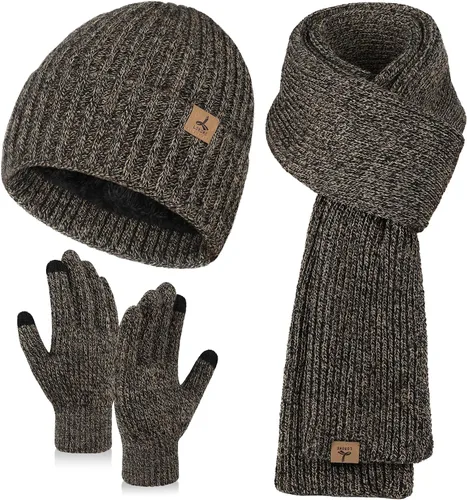 Vista 13 de Winter Hat Scarf Gloves Set, Knitted Ribbed Beanie Winter Gift Men Boys Mezcla gris y negro