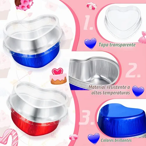 Vista 2 de Honeydak 50 juegos de moldes para tartas en forma de corazón de San Valentín con tapas, de papel de aluminio, 3.4 onzas, mini tazas desechables