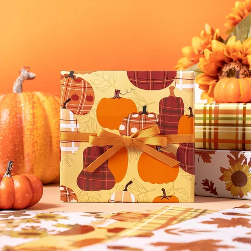 Vista 7 de RUSPEPA Hojas de papel de regalo de otoño, diseño de calabaza, girasol, hojas y cuadros, papel de regalo para Acción de Gracias, cumpleaños, regalos