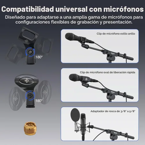 Vista 6 de PHENYX PRO Soporte para micrófono con bandeja grande de 8.7 x 6.3 in, altura de soporte ajustable, clips de micrófono dobles y bolsa de transporte