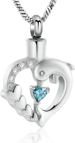 Vista 26 de Yinplsmemory Collar de urna de corazón de delfín para cenizas para mujer, colgante de urna de corazón de cristal, collar de recuerdo de cenizas