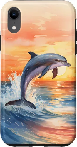 Vista 25 de Dolphin Jumping Sunset Over Ocean Watercolor Art Case for iPhone 17