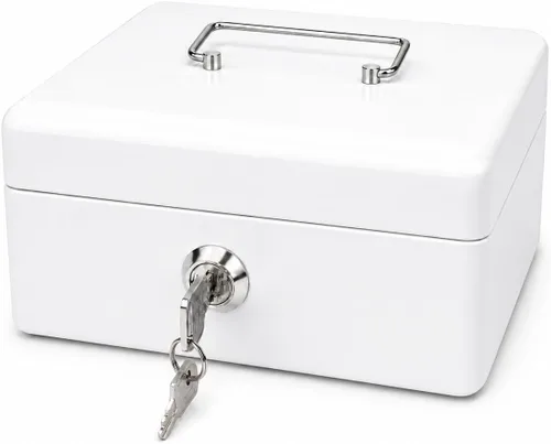 Vista 11 de Caja de efectivo de acero con cerradura de llave, organizador de dinero pequeño de metal con bandeja para dinero, caja de almacenamiento de efectivo