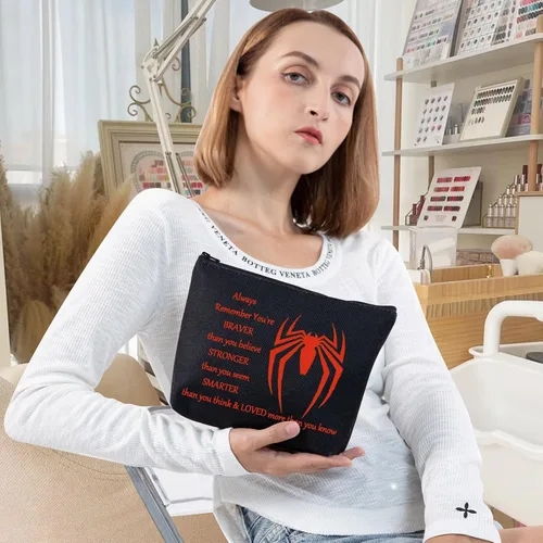 Vista 4 de LEVLO Bolsa de maquillaje de película de araña, regalo inspirado en los fanáticos de la película, eres más valiente, más fuerte y más inteligente