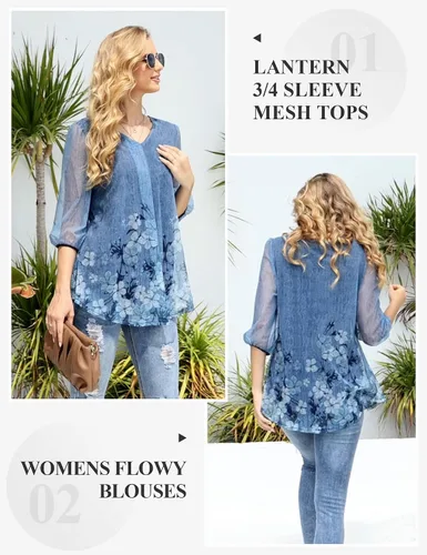 Vista 2 de SeSe Code Blusas de malla de manga 34 para mujer, plisadas, con cuello en V