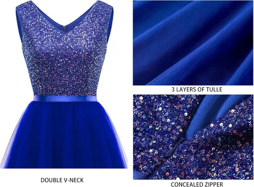 Vista 6 de Meetjen Vestido de cóctel de tul con lentejuelas para mujer, longitud hasta la rodilla, cuello en V, espalda en V, acampanado, vestido de fiesta