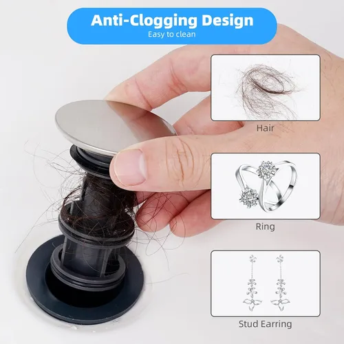Vista 3 de Hibbent Paquete de 2 Tapones Universales de Drenaje para Fregadero de Baño, Colador de Drenaje Emergente con Desbordamiento, Tapón de Fregadero