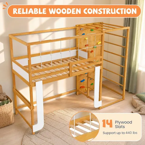 Vista 14 de KOMFOTT Twin Bunk Bed with Jungle Gym, Kids Loft Bed with Rock Wall,Natural